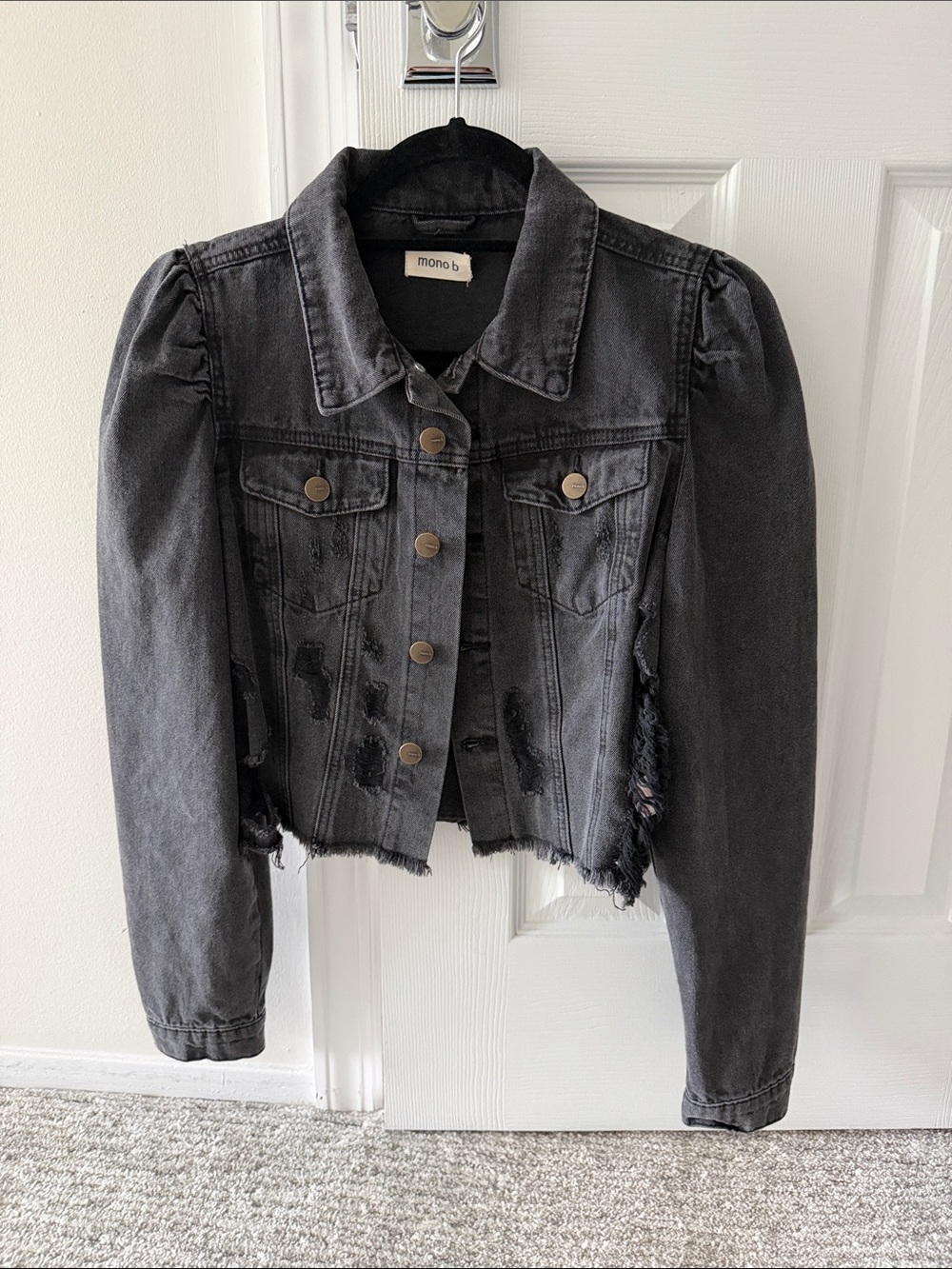 Mono B Black Distressed Cropped Denim Jacket